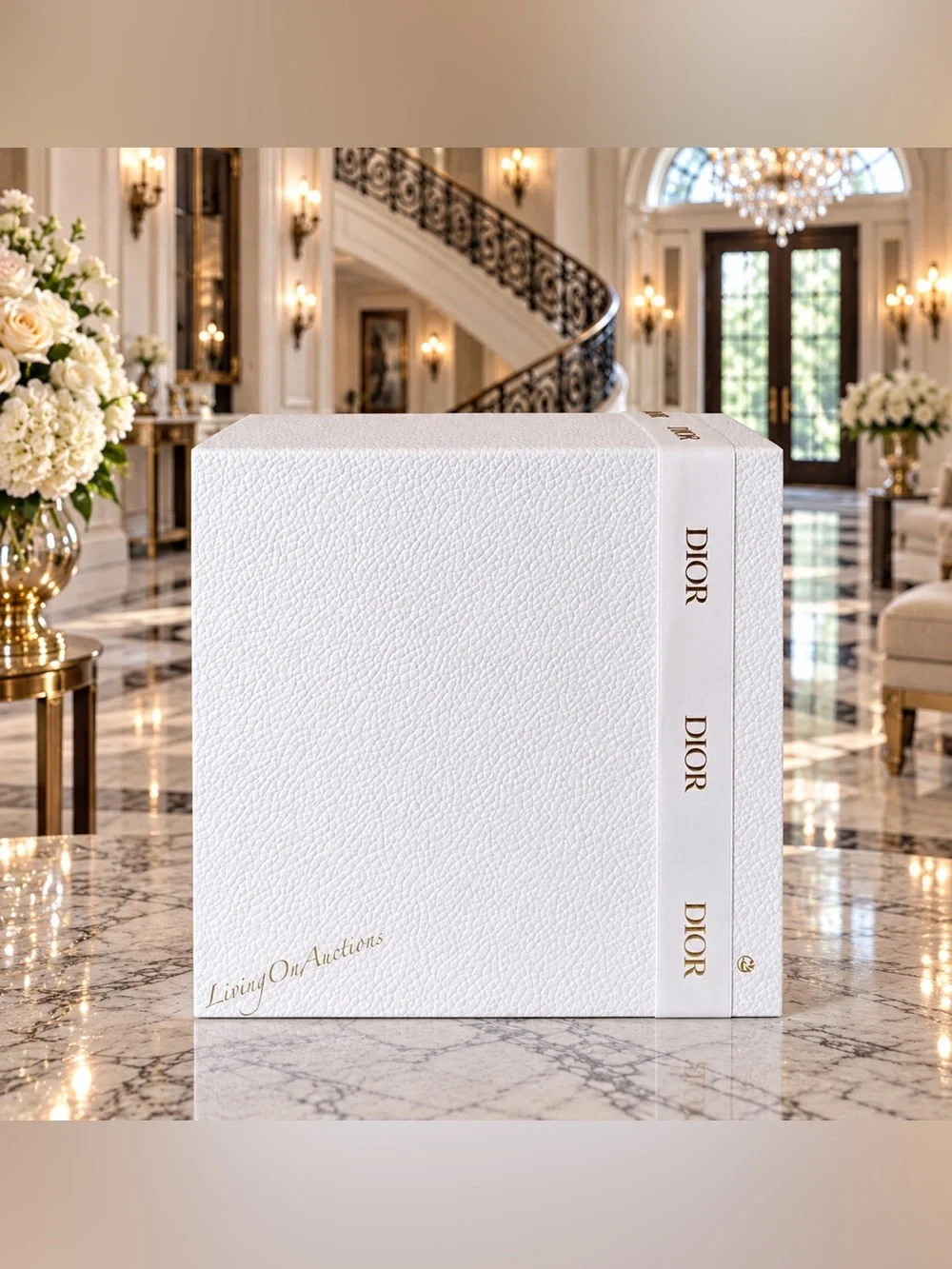 New Dior Medium Gift Box 9x9x4.5” + Bag + Drawstring Dust Bag White Ribbon
